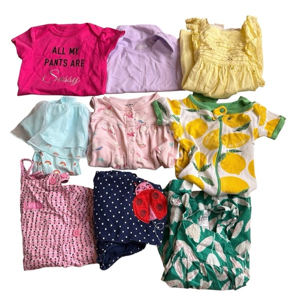 Bundle 9M Baby Girls 9PC Set Lot Dresses Pajama Pants Overall Bubble Onesie - Picture 1 of 12